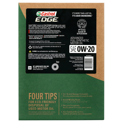 Edge 0W-20 Advanced Full Synthetic Motor Oil, 5 Quarts Eco Pack, Case of 3