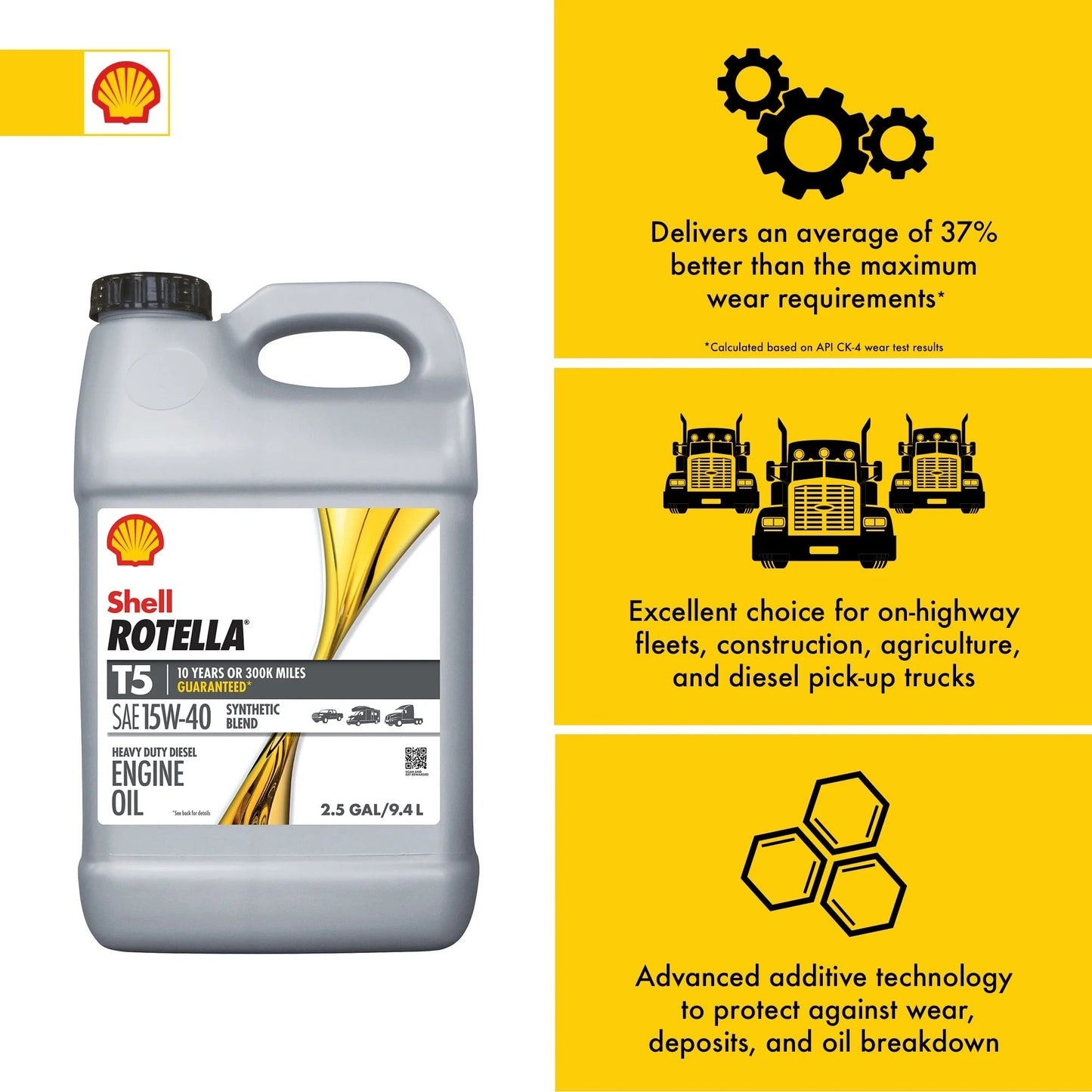 Shell  T5 Synthetic Blend 15W-40 Diesel Engine Oil, 2.5 Gallon